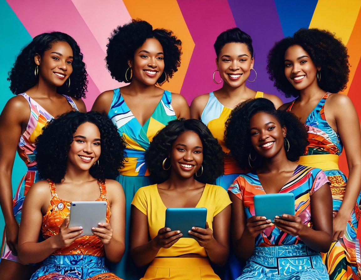 A diverse group of empowered women of various body types, joyfully engaging with digital devices, showcasing their stories and creativity. The background features a vibrant digital landscape with abstract patterns symbolizing connection and community. Each woman radiates confidence, wearing bright, expressive clothing that reflects their unique personalities. Include warm, uplifting colors to evoke positivity and inspiration. super-realistic. vibrant colors. digital art.