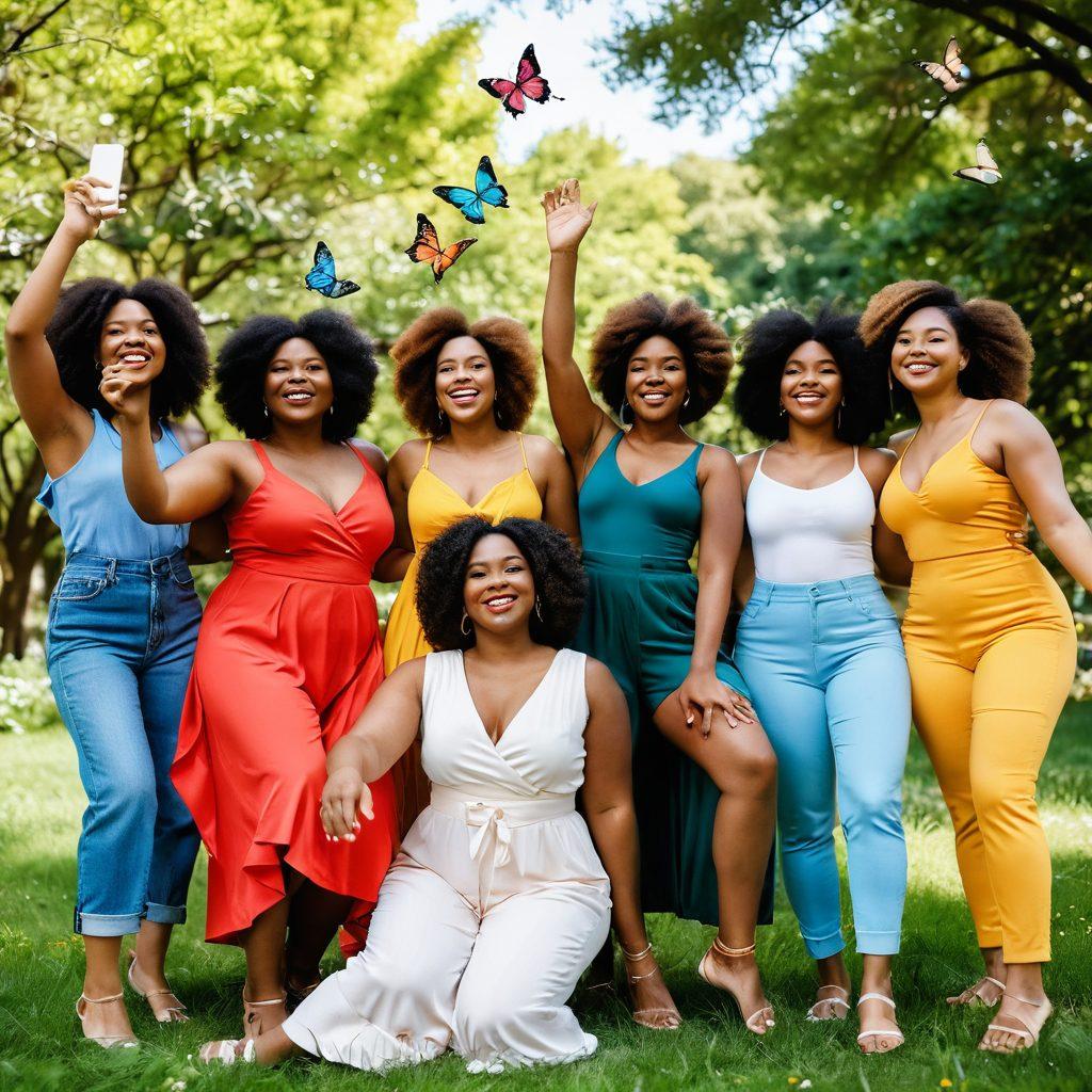 A diverse group of women of various body types and ethnicities joyfully celebrating together in a sunlit park, surrounded by blooming flowers and butterflies. Each woman radiates confidence, wearing vibrant clothing that showcases their individuality. Include elements of technology, like smartphones capturing the moment, symbolizing the digital age. The atmosphere is filled with positivity and empowerment, inviting the viewer to embrace self-love and body acceptance. super-realistic. vibrant colors. soft focus.